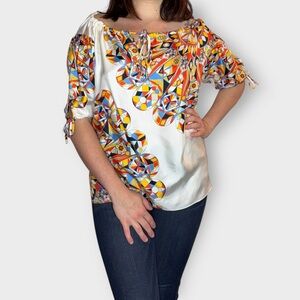 Tory Burch Silk, Abstract, Babydoll, Puff Sleeve, Blouse